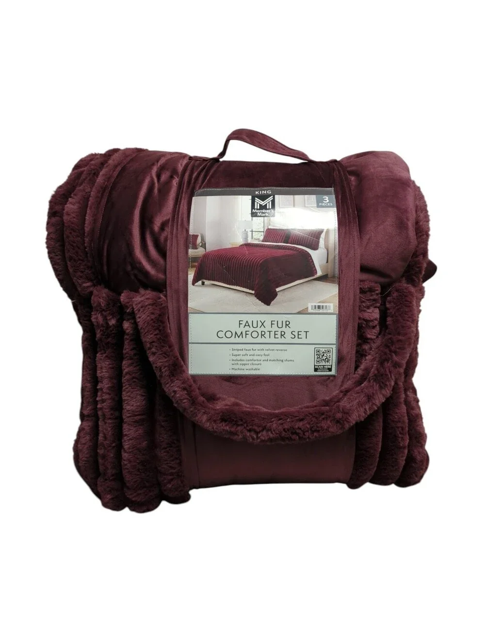 Member's Mark Faux Fur Down Alternative Comforter Set -Wine FULL/QUEEN